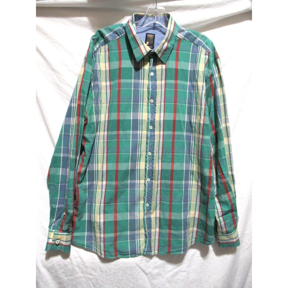 Seventy Just For Jeans Men's 2XL Cotton Multicolor Green Plaid Button Down Shirt